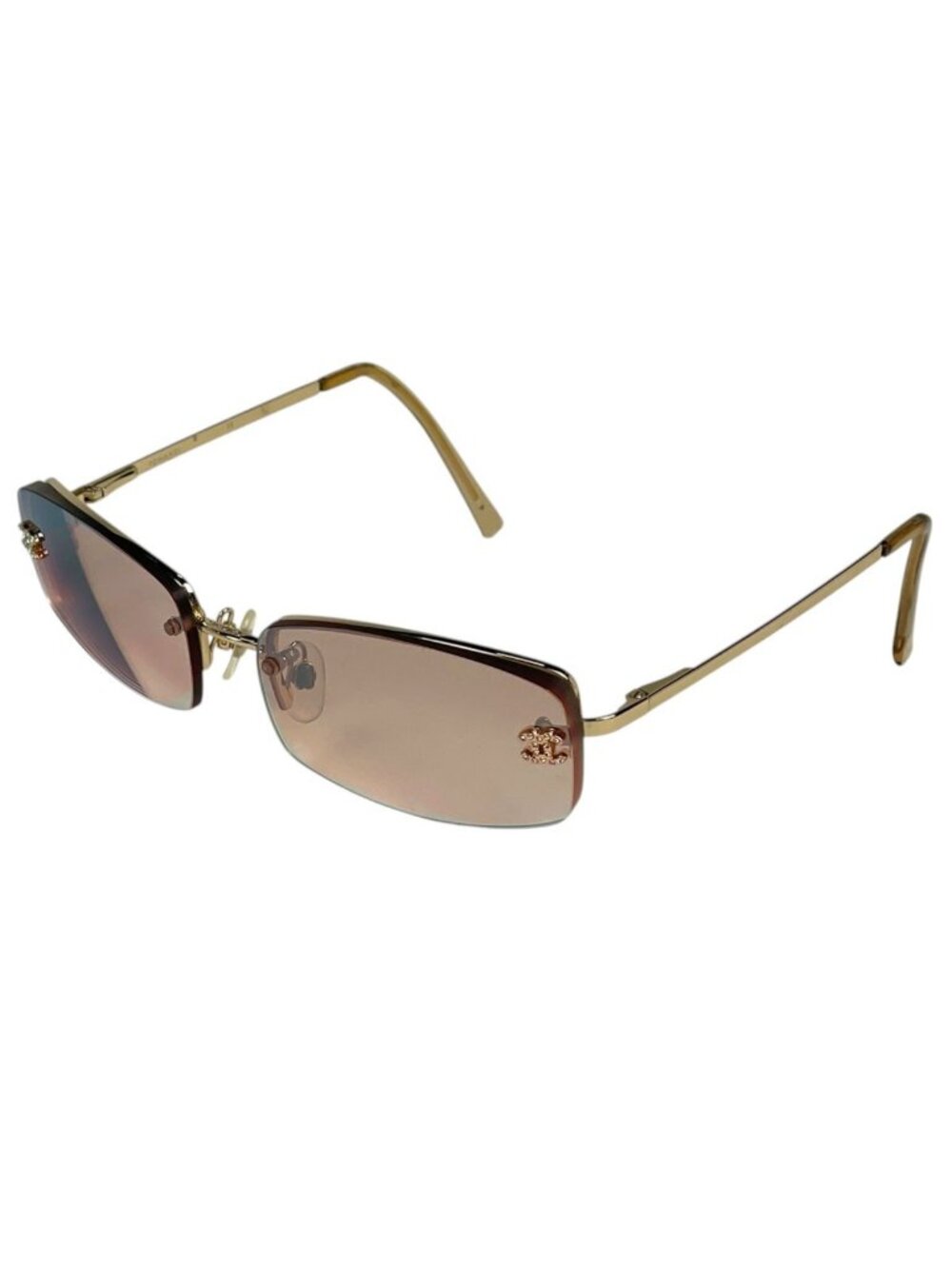 Chanel Sunglasses CC Logo Rimless Metal Rhinestone Brown Eyewear